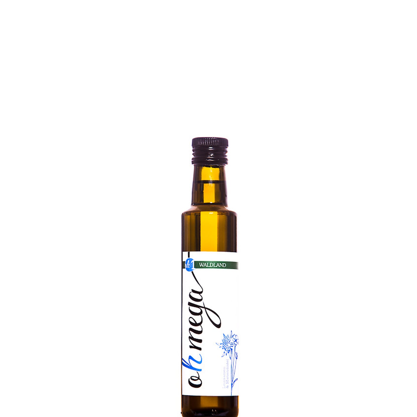 Dunkle Glasflasche befuellt mit kaltgepresstem Ohmega Oel. Die Oelmischung besteht aus Mariendistel Oel und Leinsamen Oel. Auf der Flasche befindet sich ein Produktetikett.