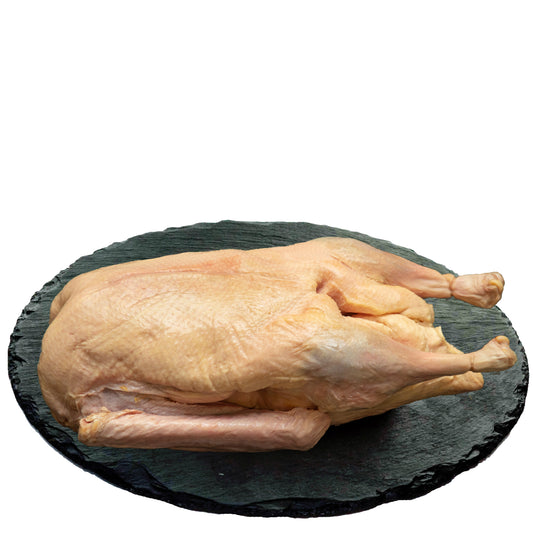 Eine ausgenommene, rohe ganze Gans liegt auf einer runden, dunklen Schieferplatte. Die Haut ist hell und glatt und die Öffnung im Brustbereich ist sichtbar.